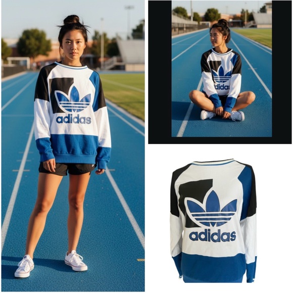 adidas Tops - Adidas white blue black sweatshirt cotton blend Run Baggy sweat size Large